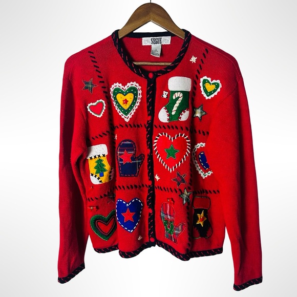 Vintage 80s Segue Christmas Cardigan Sweater Large Holiday Appliqué Knit Cottage - Picture 2 of 15